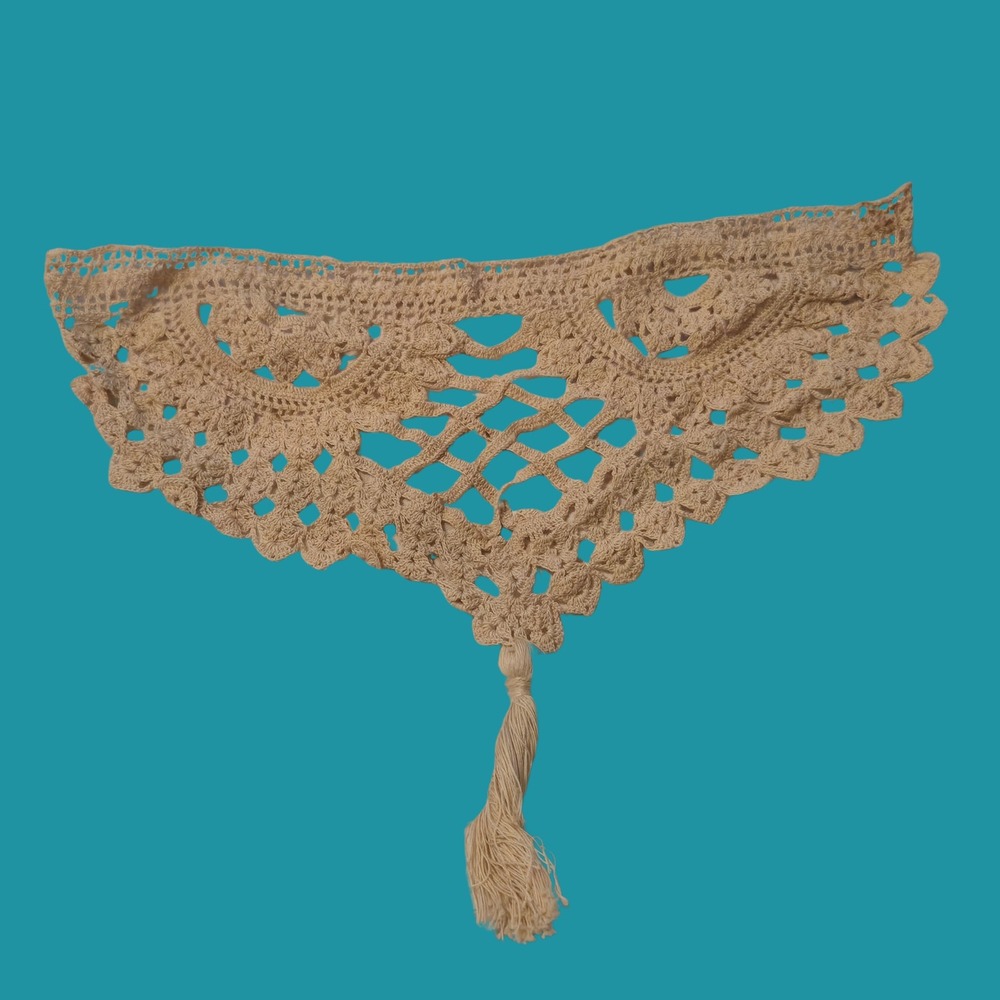Vintage Beige Crochet Lace Collar Tassel Scalloped Trim Victorian Boho Decor - Picture 4 of 7